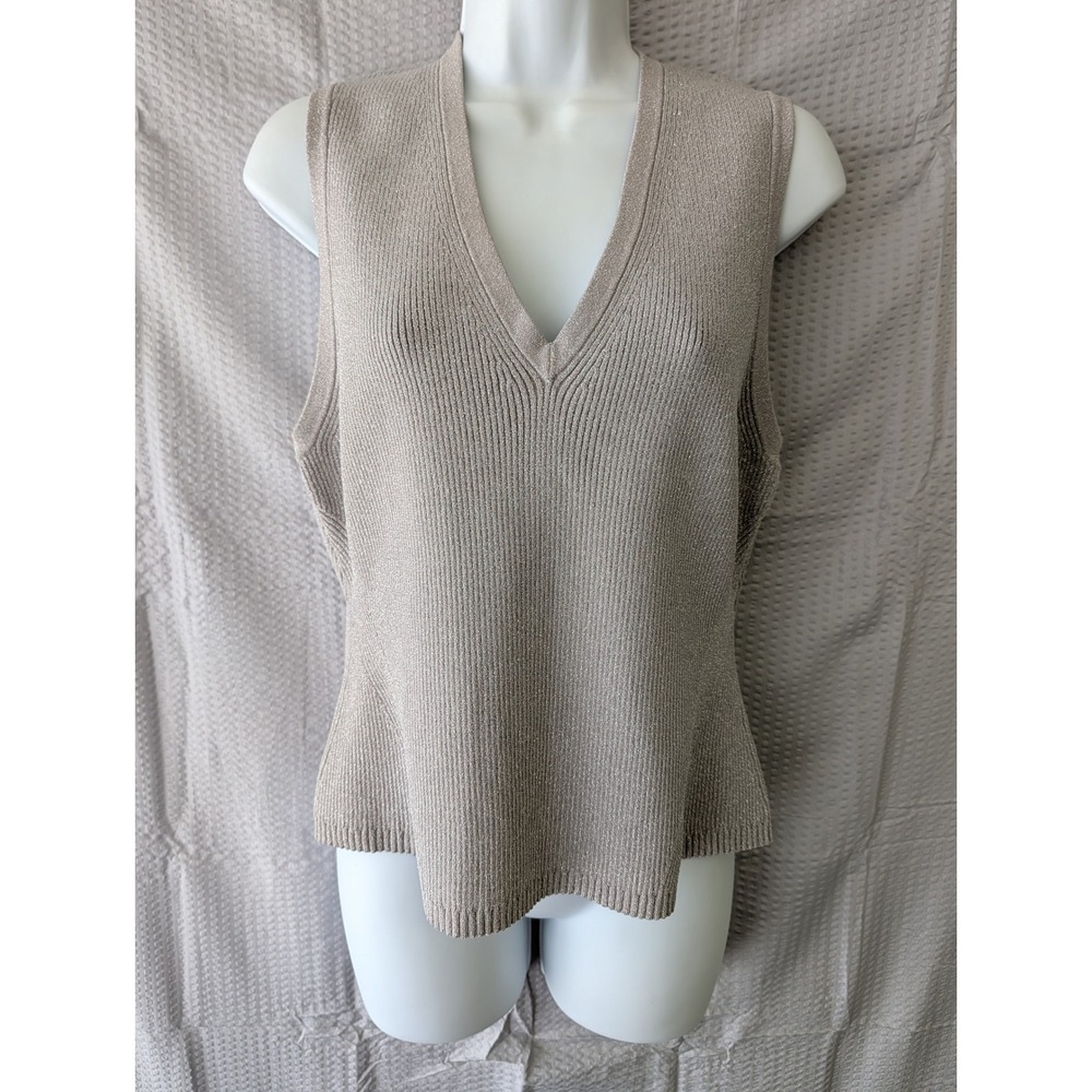 Veronica Beard XL Metallic Silver Ribbed V-Neck Sweater Vest Sleeveless Top